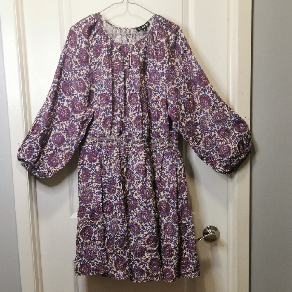 J. Crew Purple and White Floral Long Sleeve Dress. Linen. Elastic waist.